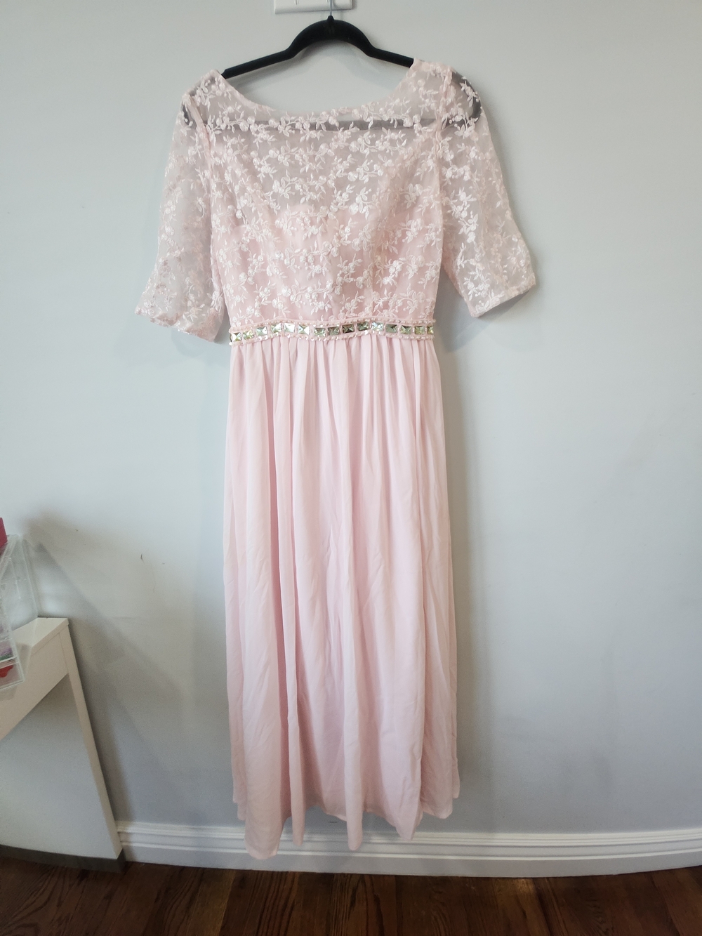 Light Pink Lace Bodice Maxi Dress with Embellished Waist